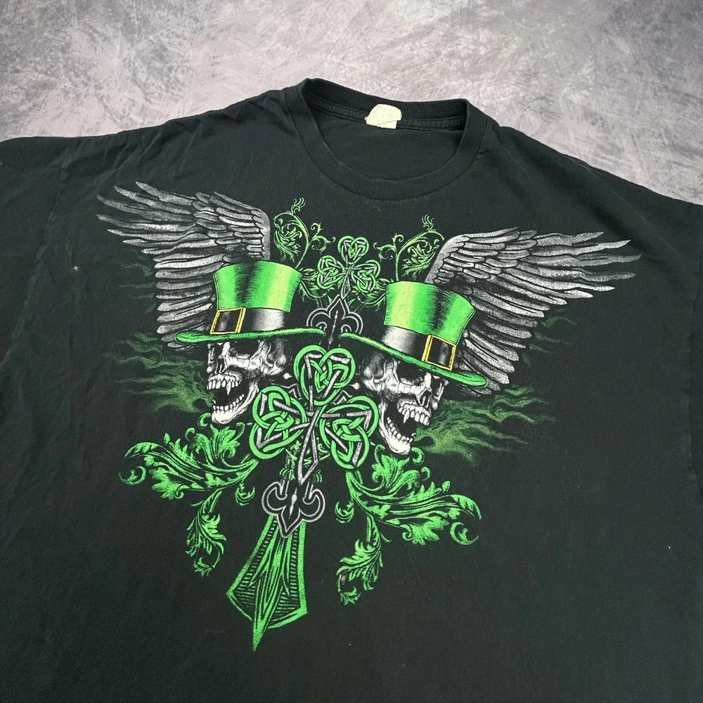 Vintage Y2K Skulls Leprechaun St Patricks Day Graphic T-Shirt Black 2XL Skater